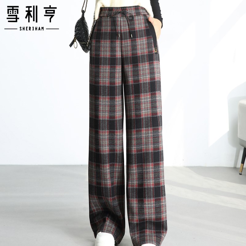 好货妈妈裤子秋冬新款外穿中老年女松紧裤加厚系带中年洋气格子羊