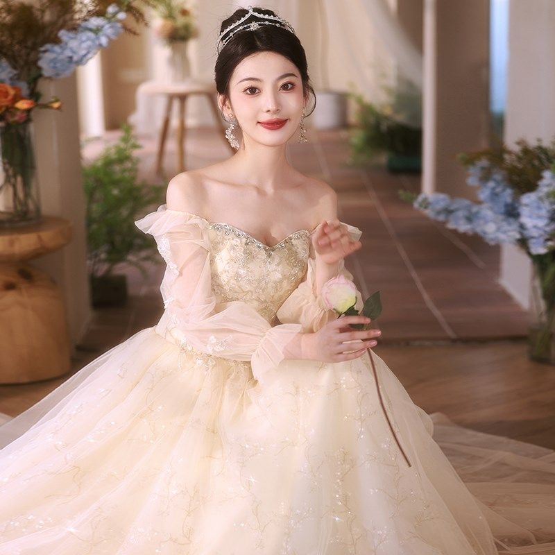 香槟色一字肩法式晚礼服轻奢长袖年会生日主持毕业成人礼公主裙女