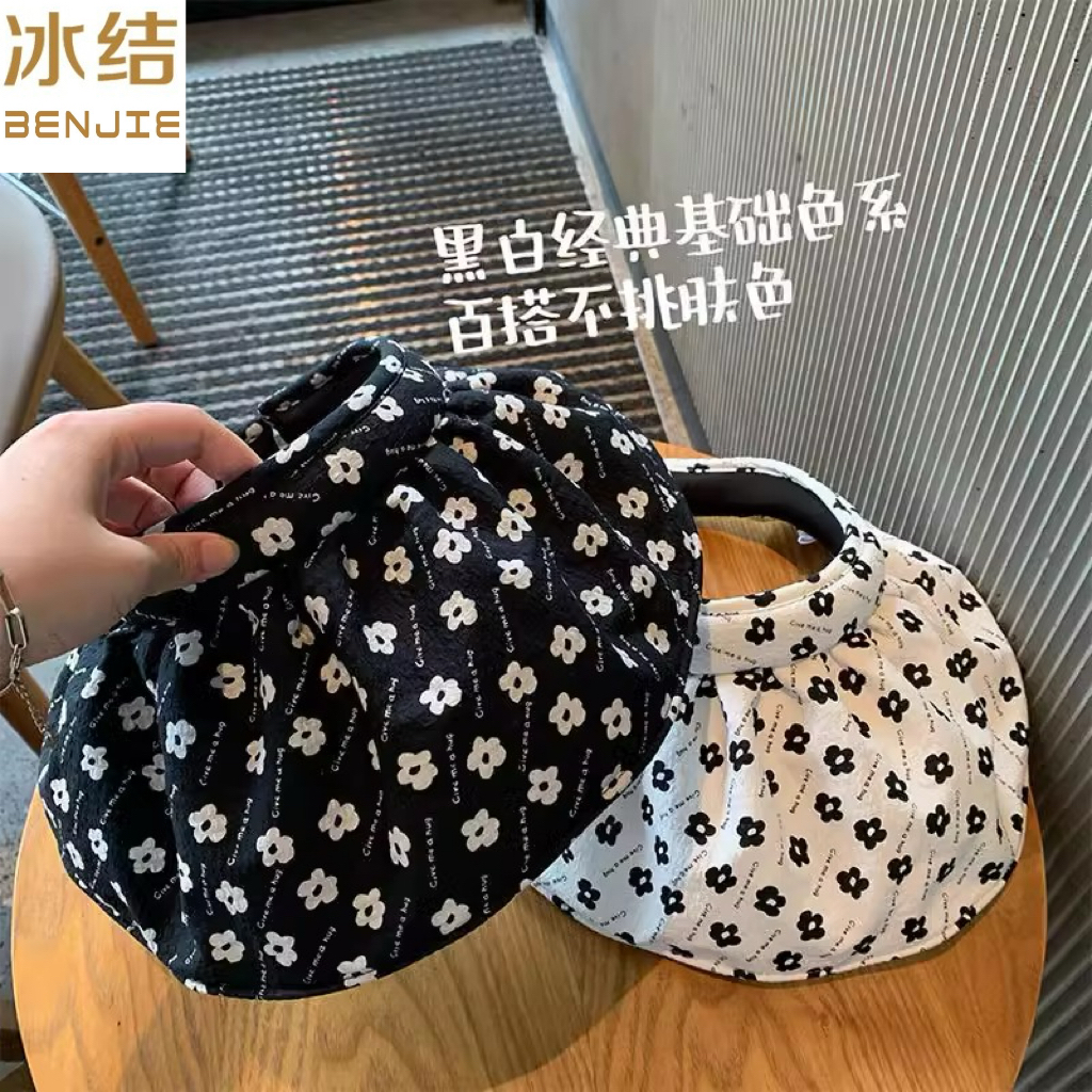 2024冰结ins夏季新款大檐防晒帽女小花空顶帽出游发箍太阳帽TZ