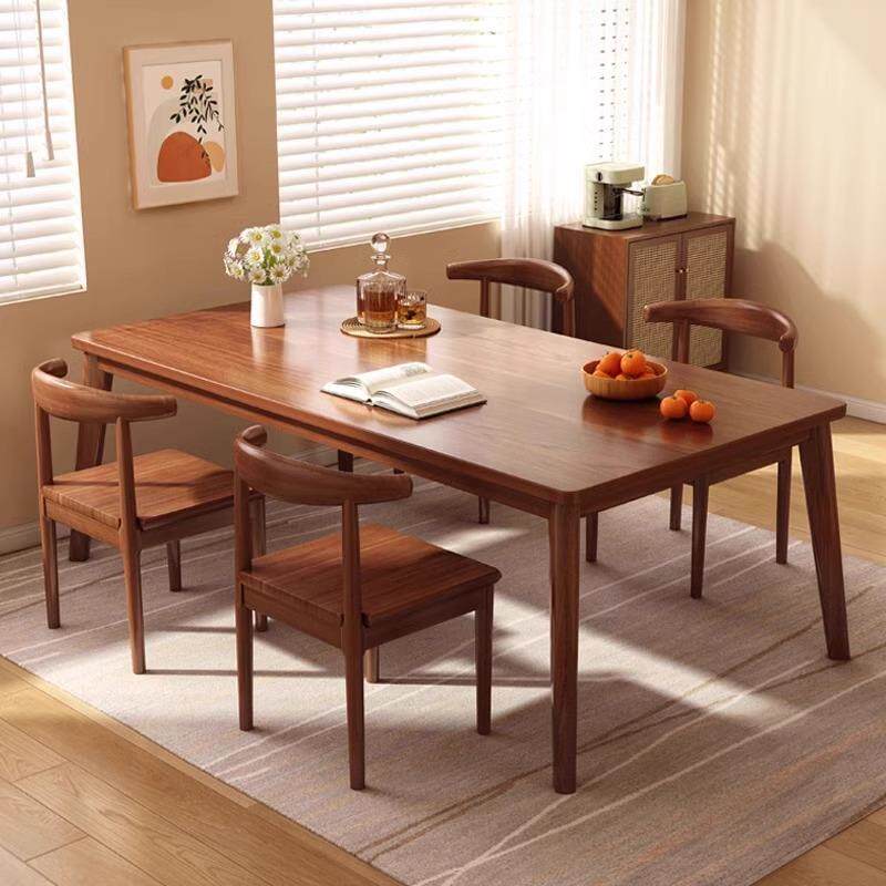 实木餐桌椅组合家用小户型北欧胡桃色现代简约餐馆长方形吃饭桌子