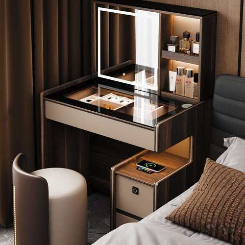 意式梳妆台床头柜一体智能电动升降隐藏镜子卧室轻奢高级感化妆桌