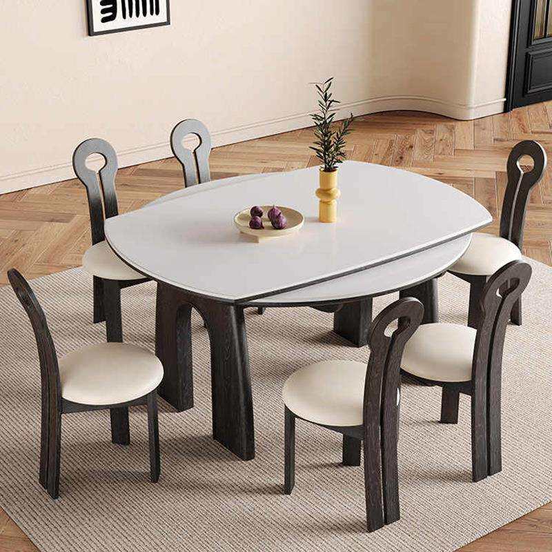 中古风折叠实木餐桌椅岩板胡桃色款美式法式伸缩方可变圆桌小户型