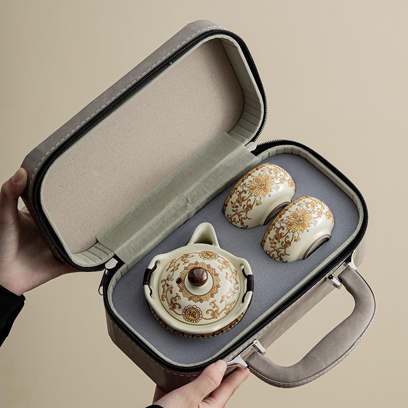 汝窑金花有福旅行茶具家用陶瓷手抓壶茶杯茶盘户外便携泡茶组送礼