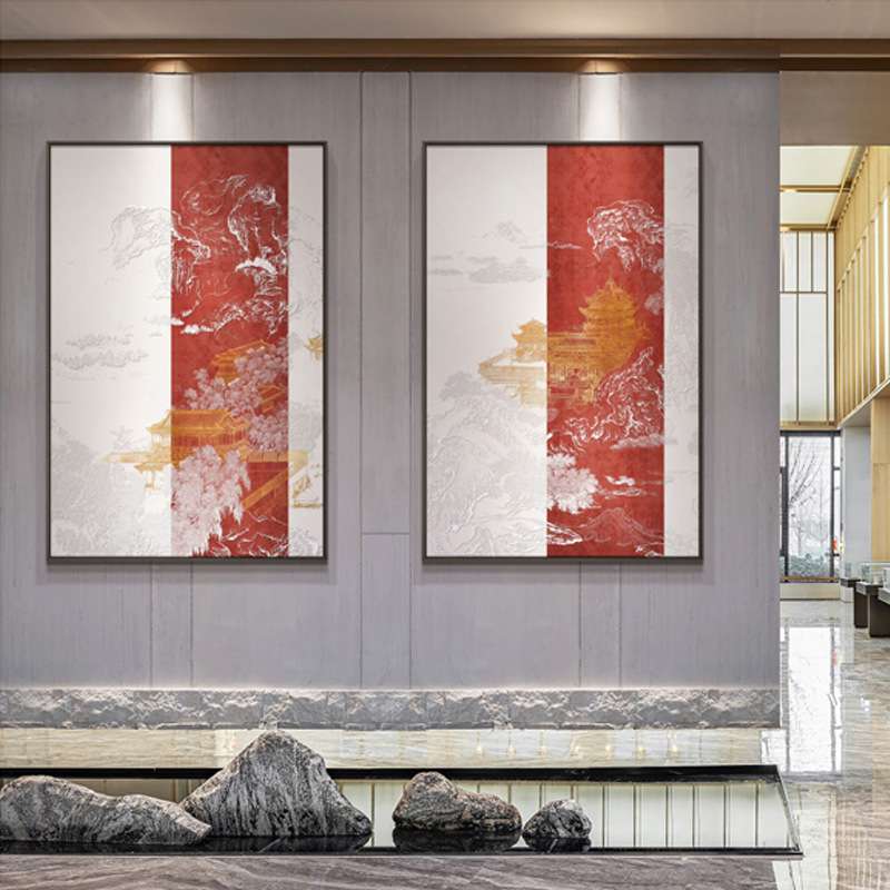 新中式入户玄关装饰画古建筑风景客厅背景壁画走廊过道墙面挂画图片