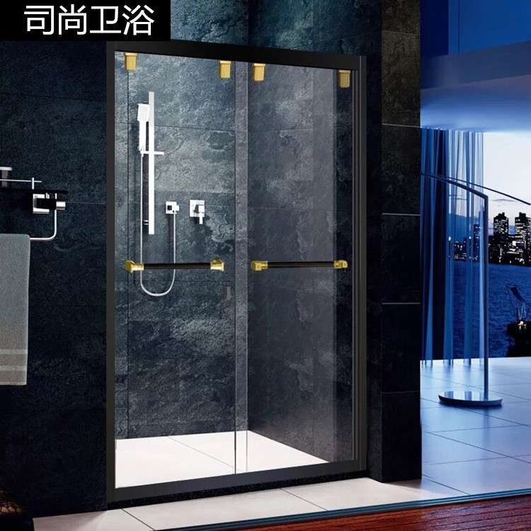 新中式家用冲凉房卫生间双活玻璃隔断洗浴屏黑色一字型淋浴房D71