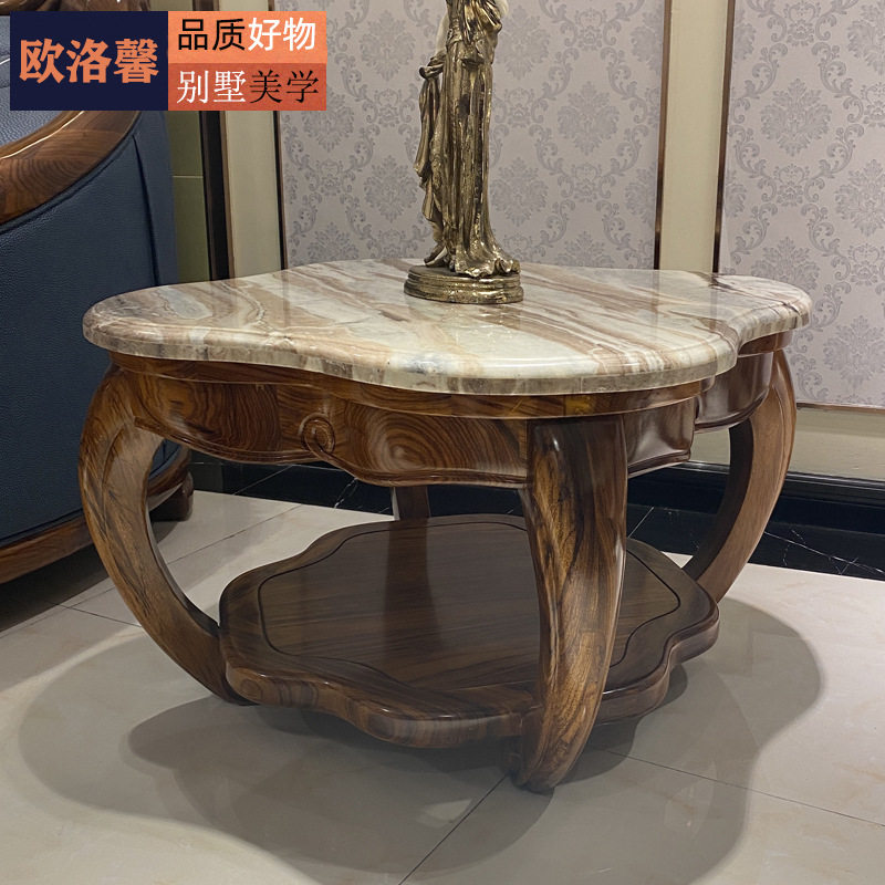 欧式小茶几客厅配套边几家具乌金木实木圆形桌天然大理石双层角几