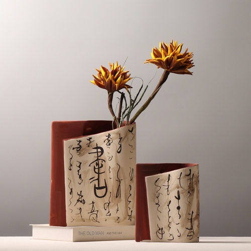 复古陶瓷花瓶 民宿书房茶室插花装饰品 设计师样板间创意扁形摆件