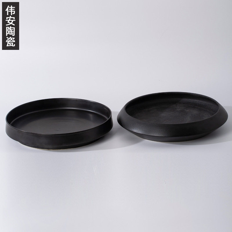 新中式样板间客厅茶几水果盘摆件简约创意黑色陶瓷花瓶装饰品花盆
