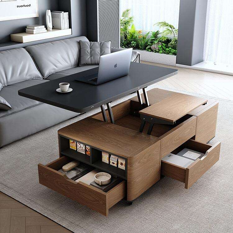 多功能岩板升降茶几二合一小户型家用带凳客厅可移动餐桌一体两用