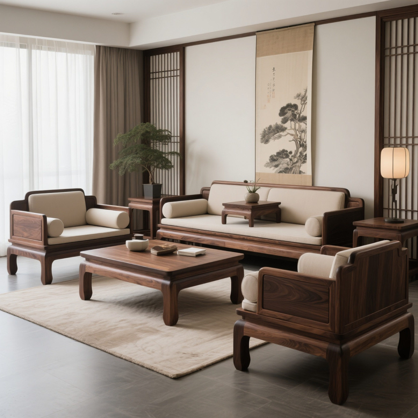 北美黑胡桃木新中式实木沙发罗汉床组合榻茶室接待高端别墅沙发无