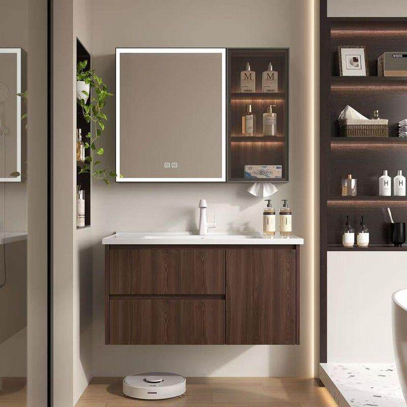 蜂窝铝中古风胡桃木抽屉浴室柜组合卫生间陶瓷一体盆洗脸池洗漱台