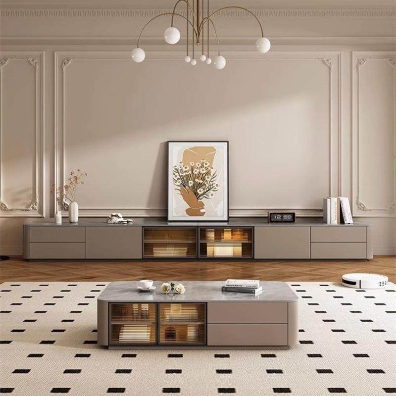 实木落地高款电视柜法式轻奢高级感岩板地台新款现代简约客厅地柜