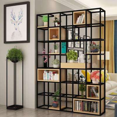 铁艺落地屏风隔断复古梯形客厅九宫格木格子展示架靠墙隔断装饰架