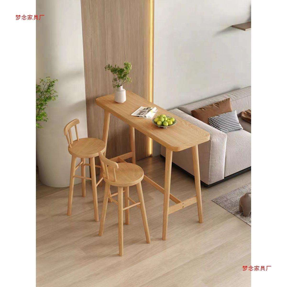 休闲实木家用长条一体折叠桌椅组合奶茶店实木吧台吧台桌北欧风