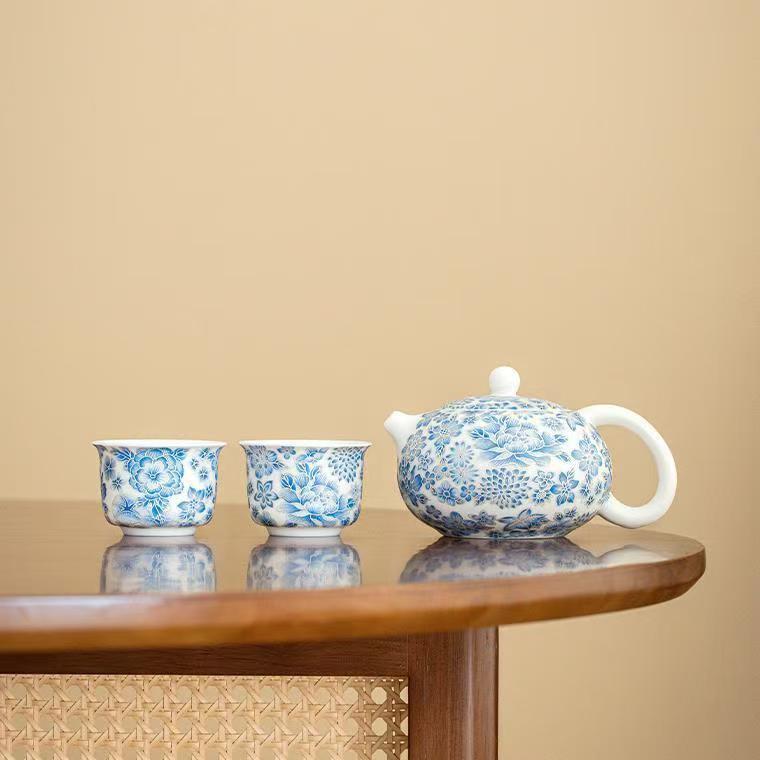 掐丝银青花西施壶高档一壶两杯套装喝茶家用泡茶陶瓷茶壶茶杯子