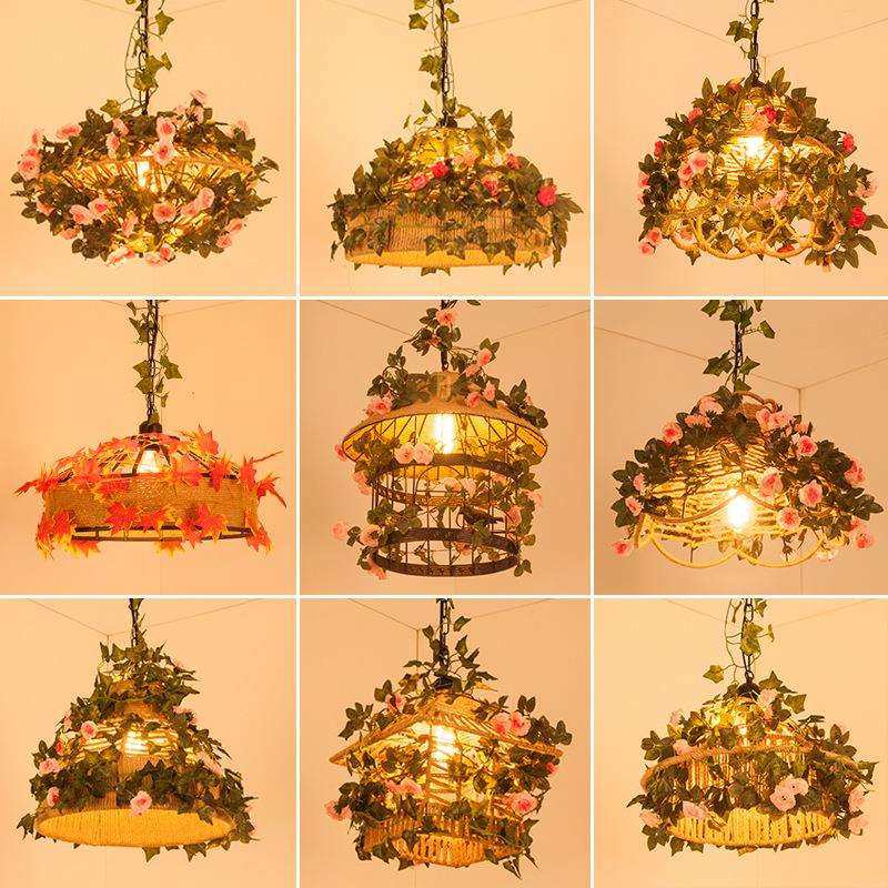 复古植物繁花创意个性装饰工业风吧台餐厅火锅店餐馆藤艺麻绳吊灯
