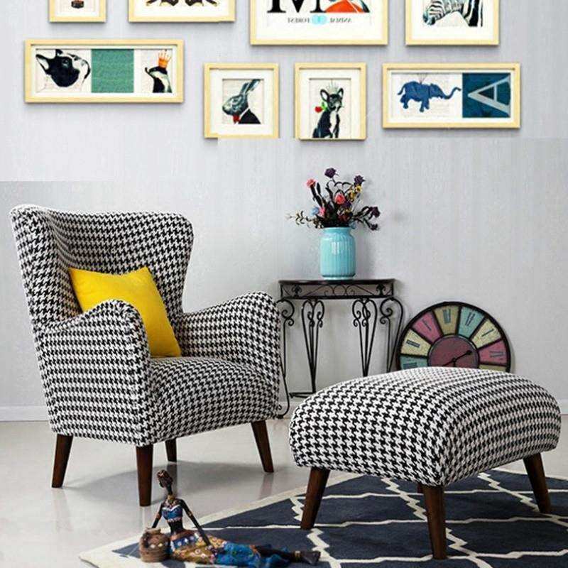 欧式千鸟格布艺单人沙发椅客厅阳台休闲椅脚蹬组合简约美式老虎椅