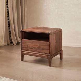 卧室收纳床头柜实木克威尔原木北美极简储物伯黑胡桃木实木床头柜