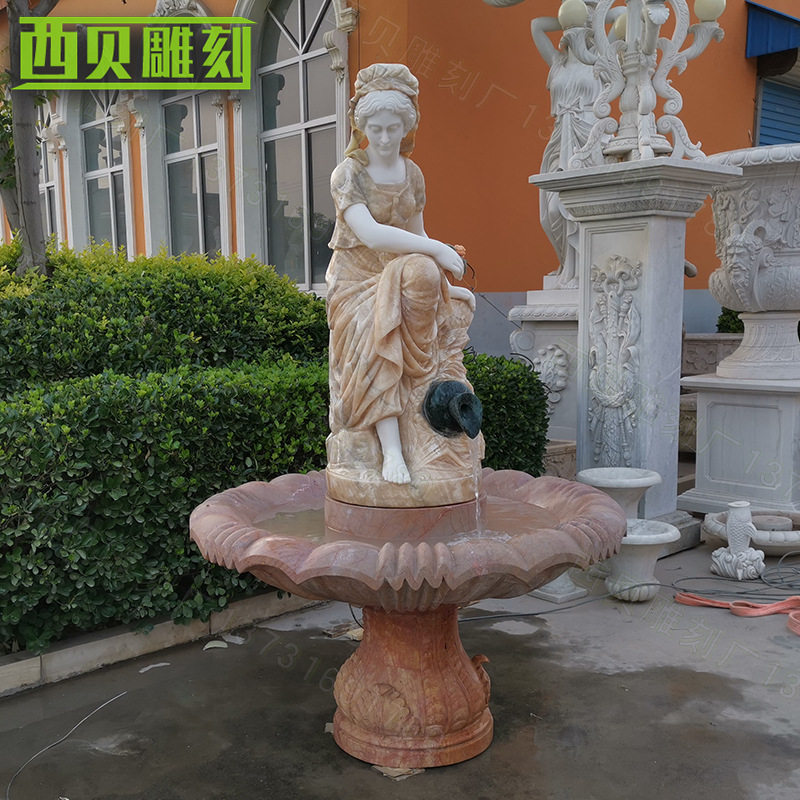 供应大理石拼色西方美女人物流水喷泉花园别墅欧式石雕靠墙壁泉