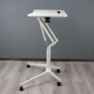 白色带轮办公升降桌折叠气动移动电脑学习桌站立式铝制桌架演讲台