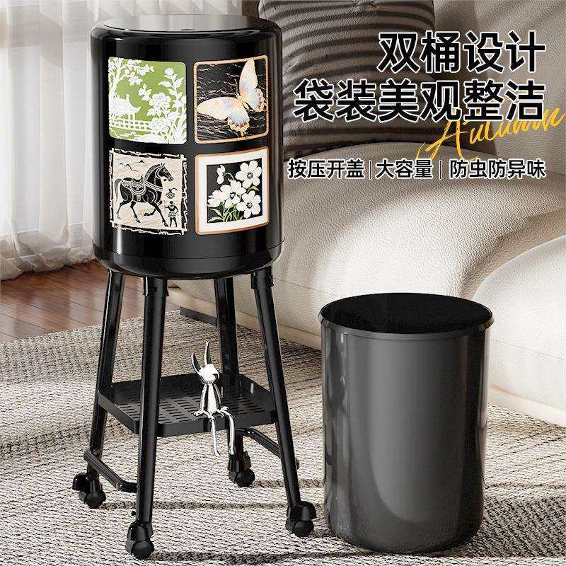中古风垃圾桶高颜值带盖免弯腰厨房垃圾收纳桶可移动大容量带轮垃