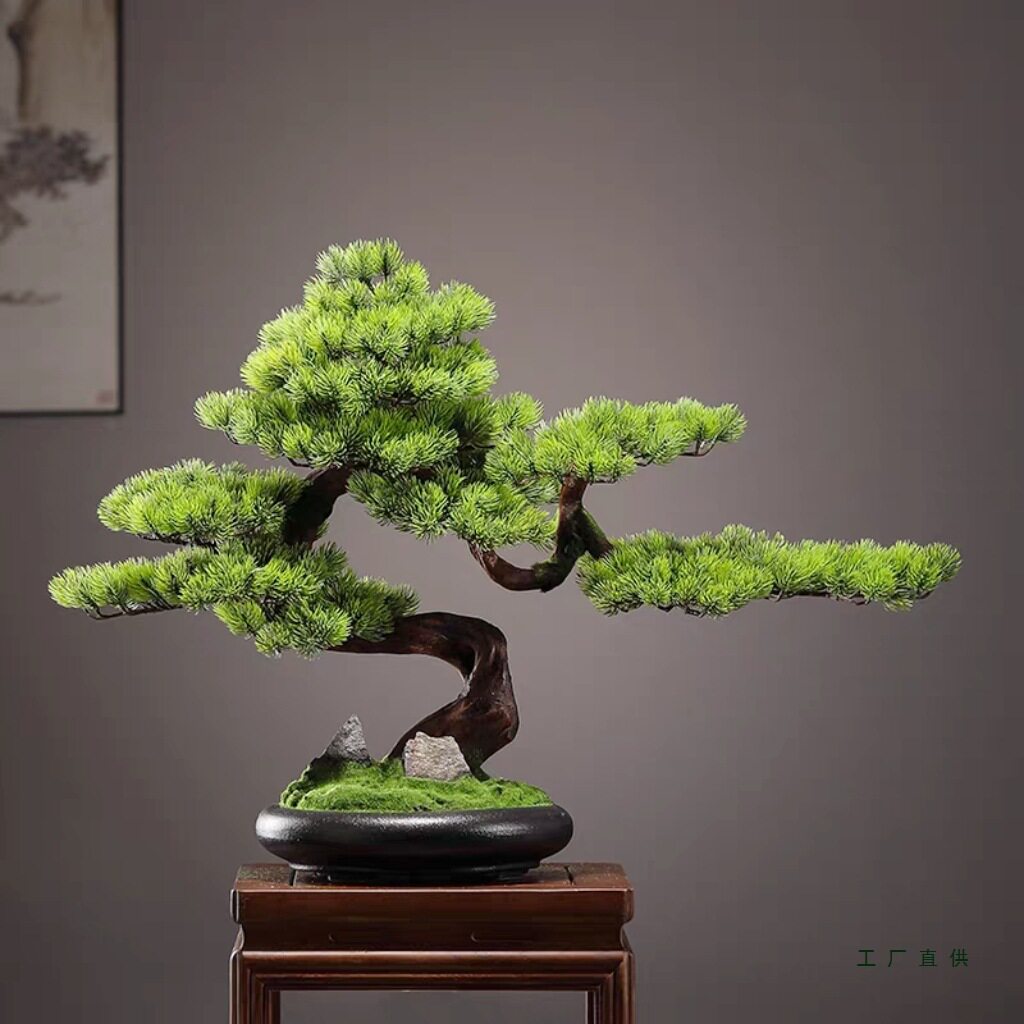 新中式仿真迎客松实木盆景摆件