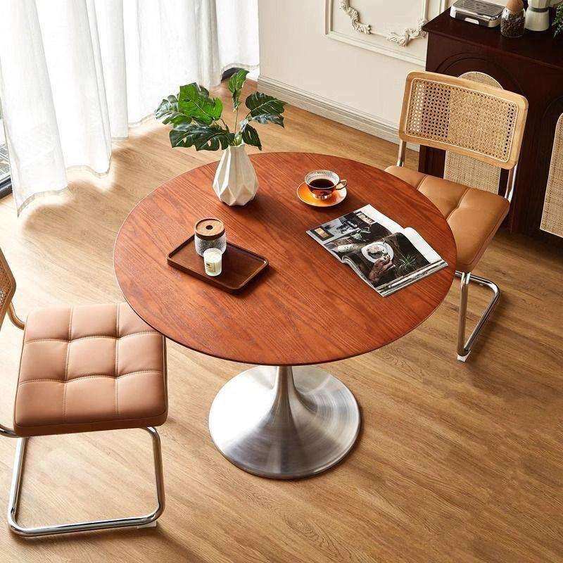 北欧复古实木圆形餐桌家用小户型饭桌现代简约不锈钢郁金香圆桌