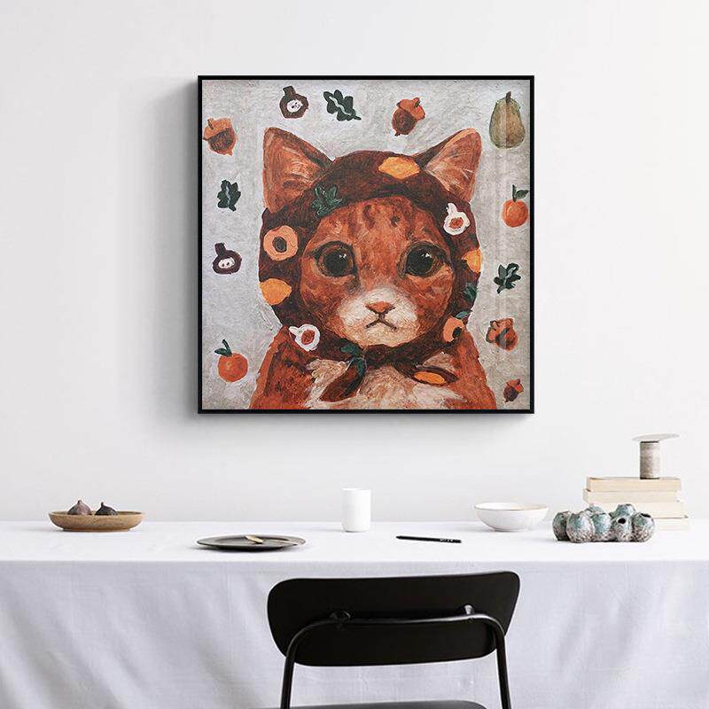 复古油画动物抽象拟人猫婆婆卡通儿童观挂画卧室客厅书房装饰画