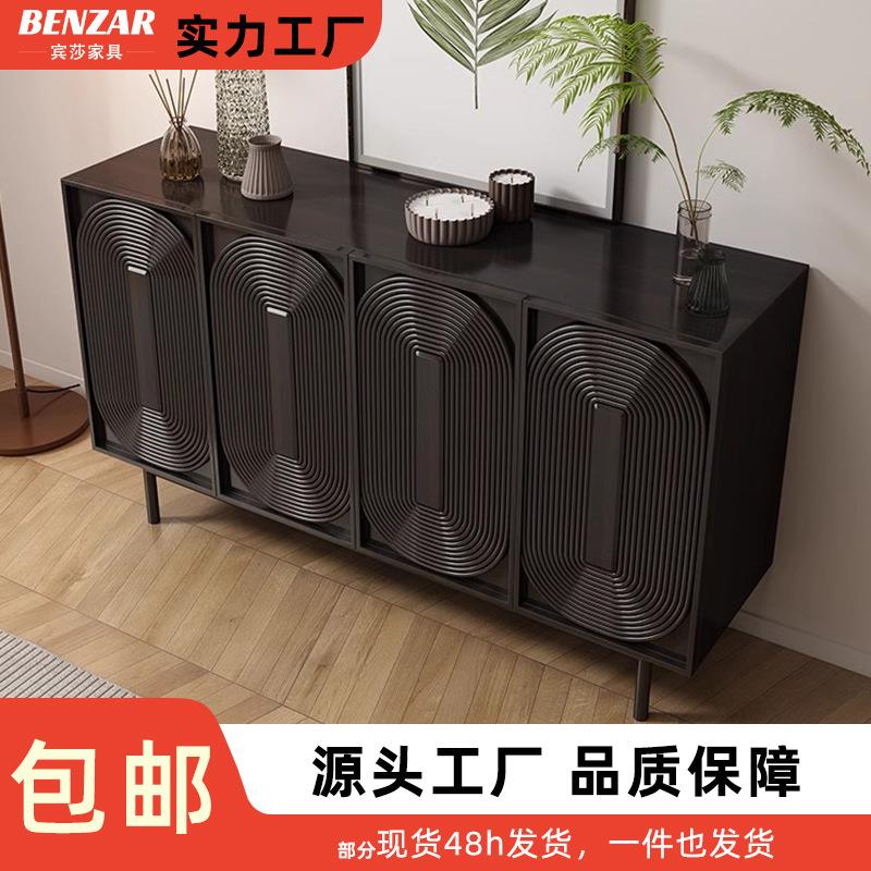 现代简约家用黑色实木餐边柜客厅大容量储物茶水柜北欧入户玄关柜