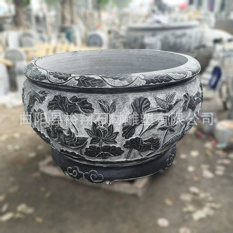 青石仿古圆缸石雕鱼缸荷花鲤鱼