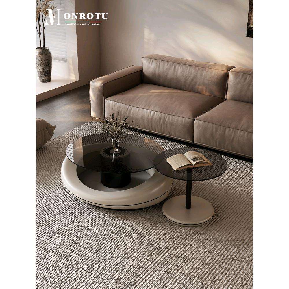 意式极简圆形茶几组合现代简约客厅家用小户型设计师创意玻璃边几