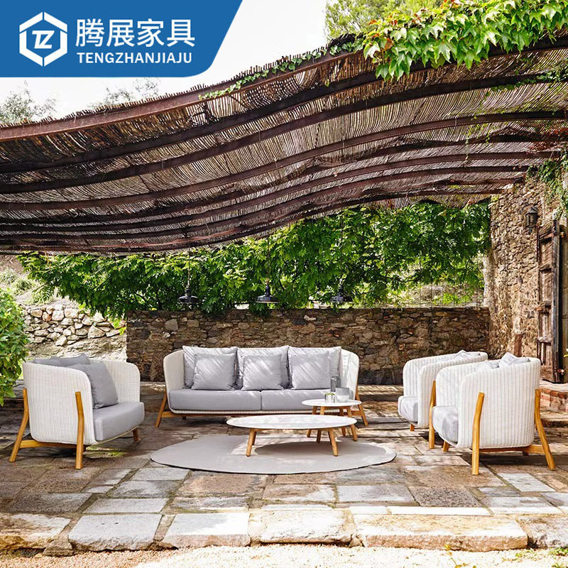 户外柚木藤编白色沙发椅
