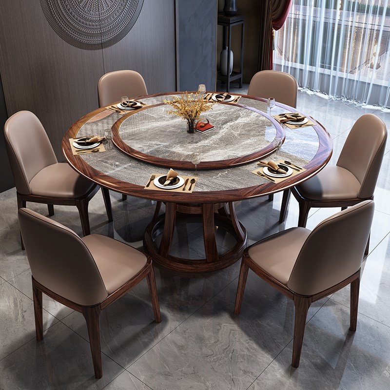 速发新中式实木木桌圆形家用岩板大圆桌饭m米2桌椅组合12人乌金餐
