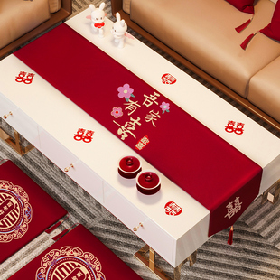 速发茶几结婚饰布红色桌旗餐桌盖布布置婚房装 桌婚礼品房婚庆用新