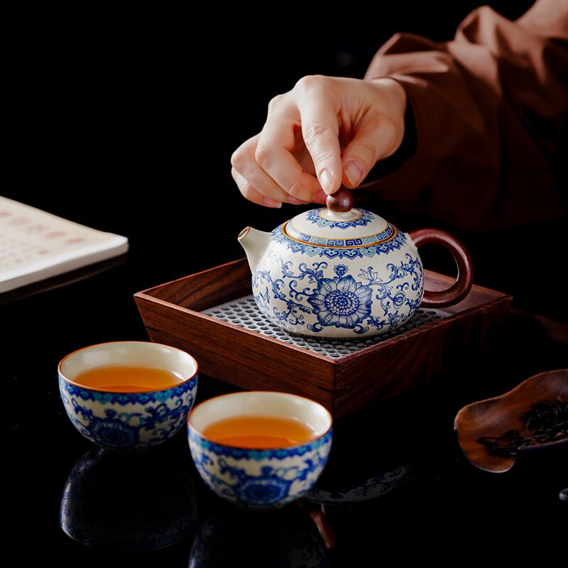 青花汝窑提梁壶盖碗单个高档中式泡茶壶大号防烫家用功夫茶碗茶杯