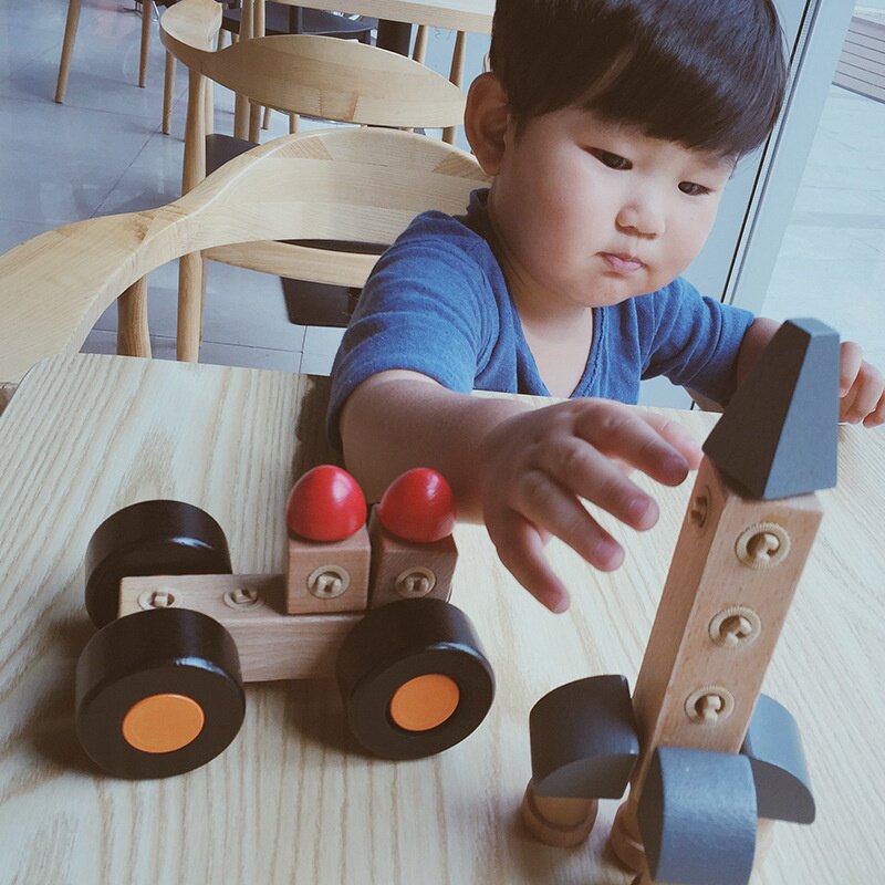 儿童益智木制扣扣DIY车族百变积木拼接可旋转积木幼儿园早教玩具