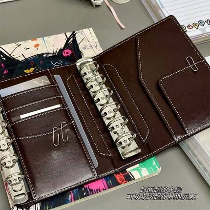 小红书爆款a7双环手账本深棕色英伦皮质手帐笔记本ins活页多功能