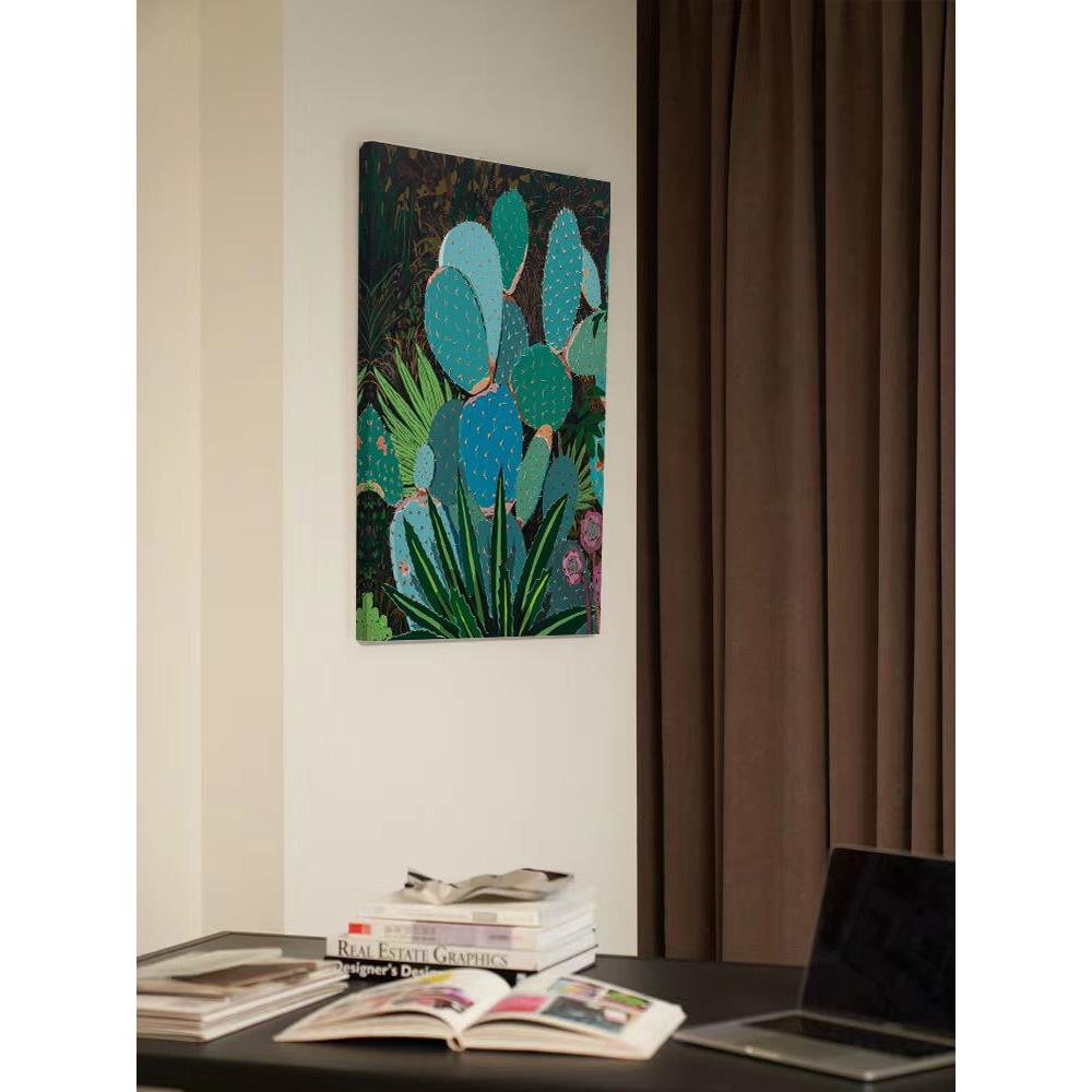 热带雨林仙人掌客厅装饰画侘寂风植物手绘油画玄关大尺寸艺术挂画图片
