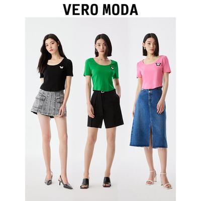 Vero Moda上衣女2023新款夏季肌理感辣妹T恤短袖休闲简约显瘦▲