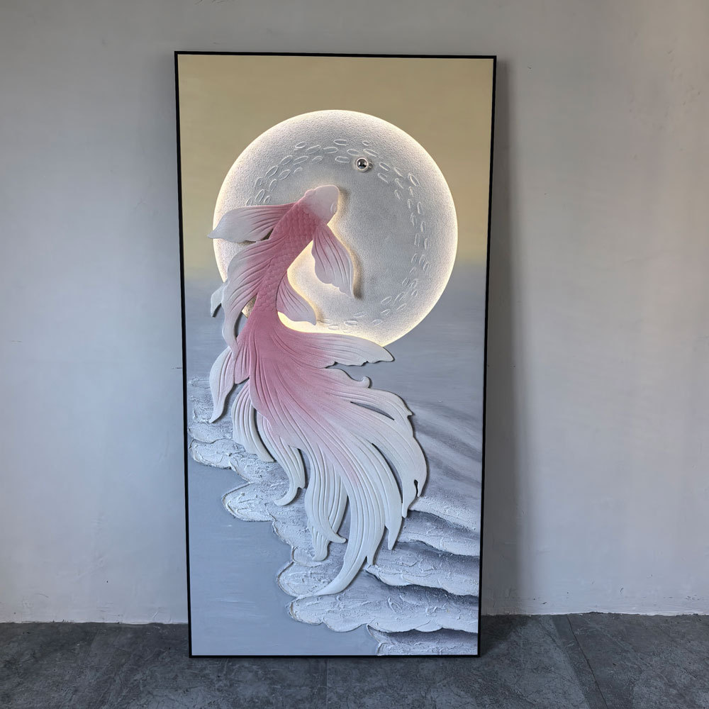 入户玄关装饰画金鱼立体浮雕挂画立体肌理丙烯油画led氛围灯光画图片