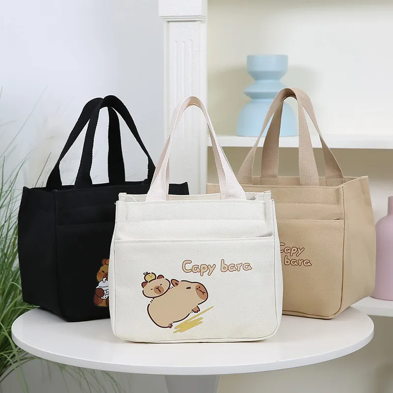 高颜值帆布手提包宝妈外出简约小巧立体拎包通勤加厚上班便当饭袋