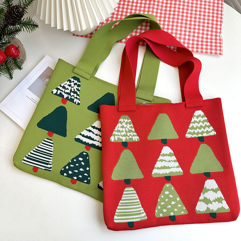 圣诞树编织单肩包女高颜值出游购物针织袋手提包学生补课书包百搭