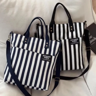 原创自制拉链条纹通勤帆布托特包休闲文艺简约百搭手提斜挎包