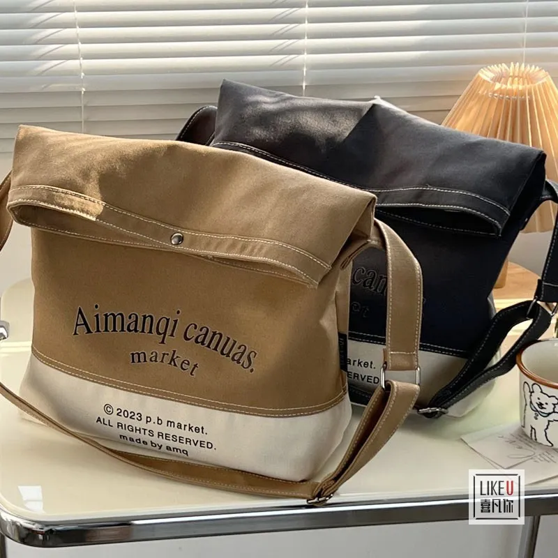 美式复古慵懒风单肩托特包简约休闲上课通勤斜挎帆布包复古风