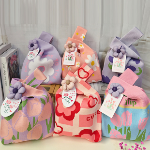 母亲节礼品花朵针织手提袋结婚生日伴手礼糖果收纳礼袋手腕背心