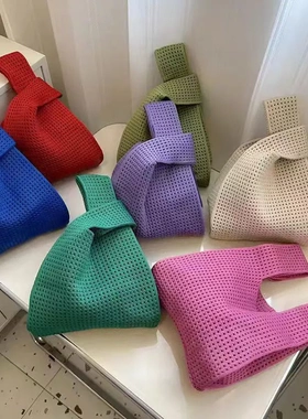 镂空针织包多巴胺搭配手提包高级感手拎托特包毛线背心包跨境代发