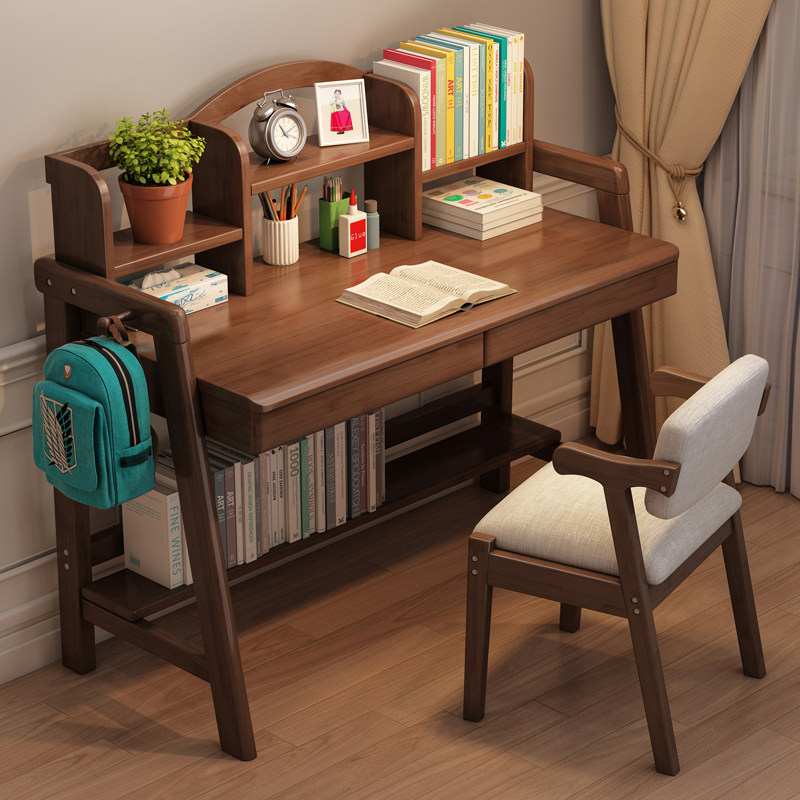 速发儿童学习用书桌中小学生初中生家桌写字课全实木桌桌椅套装可