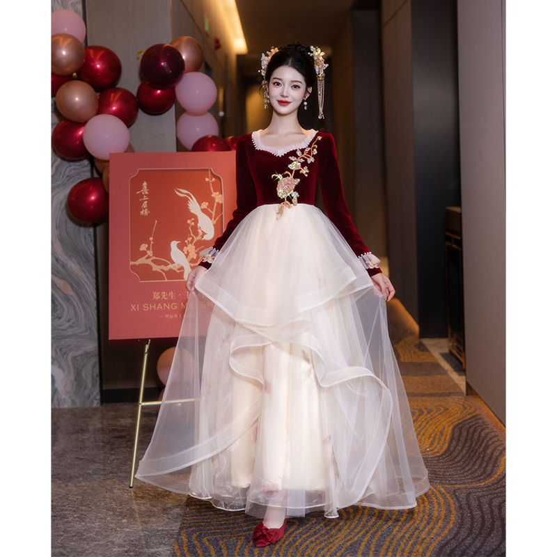 速发孕妇敬遮服新娘大码订婚礼服酒肚秋冬季婚纱长袖结婚回门便装