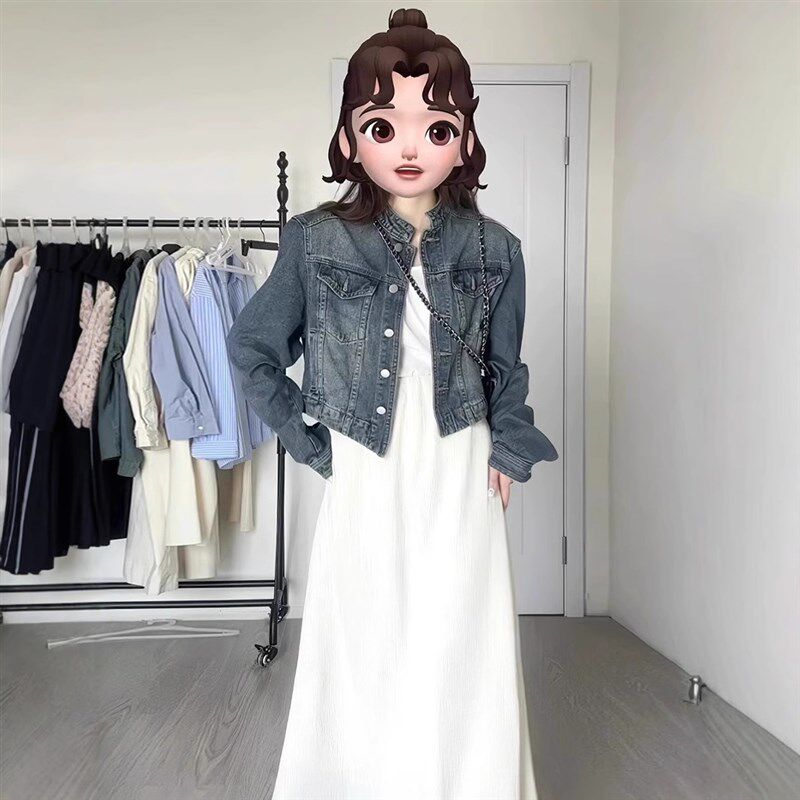 速发美式复古立领牛仔外套百韩版宽松小个子短搭春款夹克上衣潮