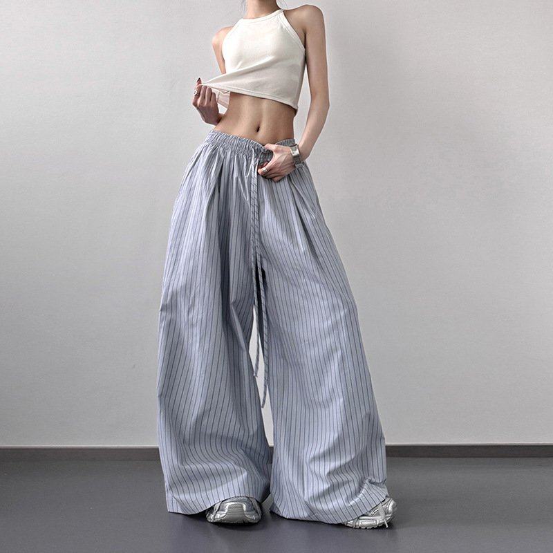 美式蓝色竖条纹裤子女2025夏季新款街舞松弛感宽松直筒休闲工装裤,女装/女士精品,卫裤,淘宝优惠券,粉丝福利购,淘宝优惠卷